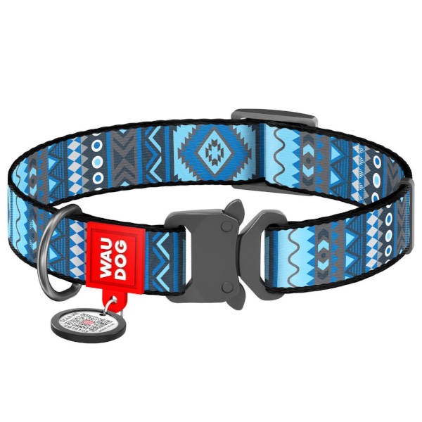 Wau Dog Περιλαίμιο Σκύλου "Etno Blue" Με Smart ID & Μεταλλικό Κούμπωμα - 2x24-40cm