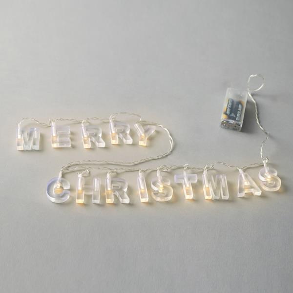 14 Led Σειρά 5mm, "Merry Christmas" Διάφανα Γράμματα, Μπαταρίας 2xΑΑ, Timer, Διάφανο PVC Καλώδιο, Θερμά Λευκά Led ανα 8εκ., Προέκταση Παροχής 30εκ., IP20