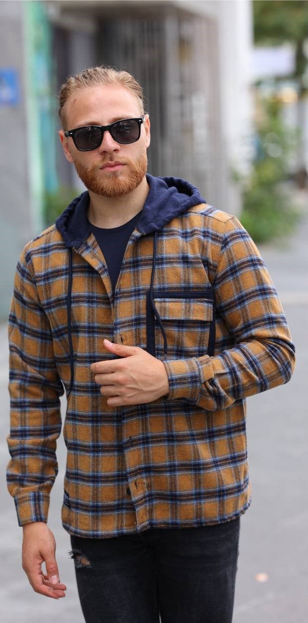 Sport πουκάμισο με κουκούλα Camel Blue 100%Wool