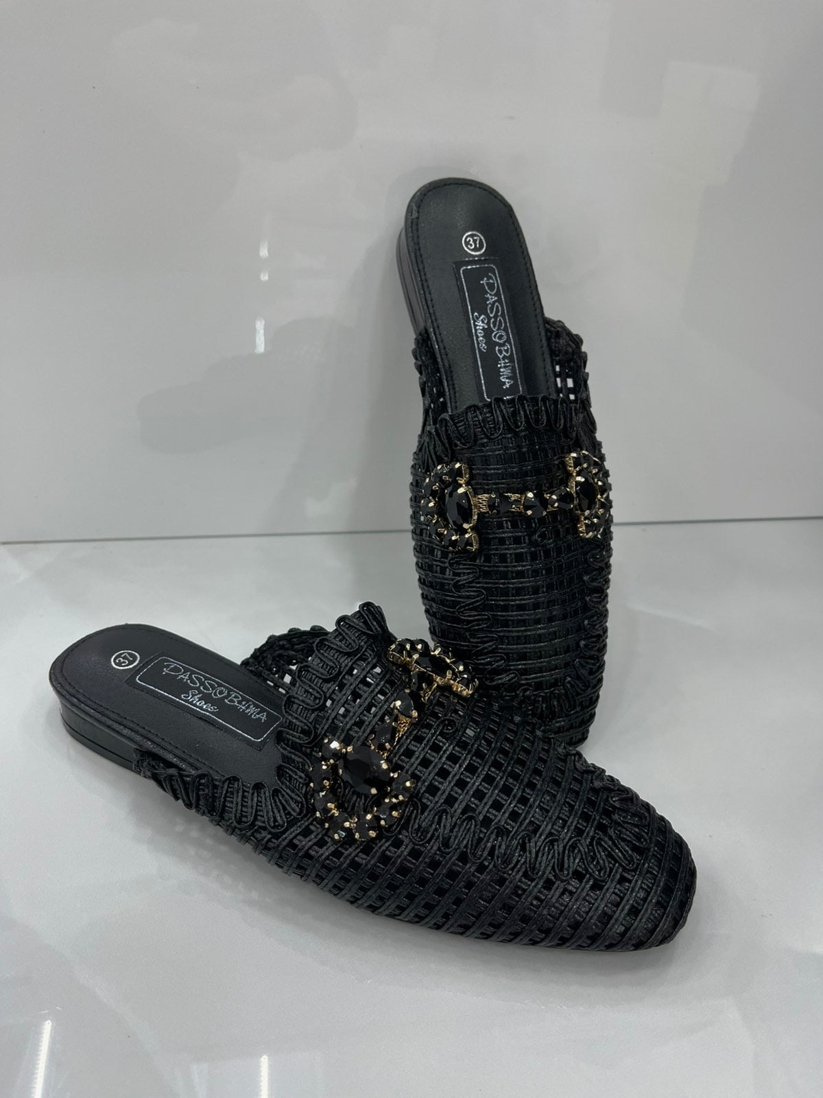 Παντοφλάκι Μοκασίνι με Πλέξη και Χρυσή Τόκα Black