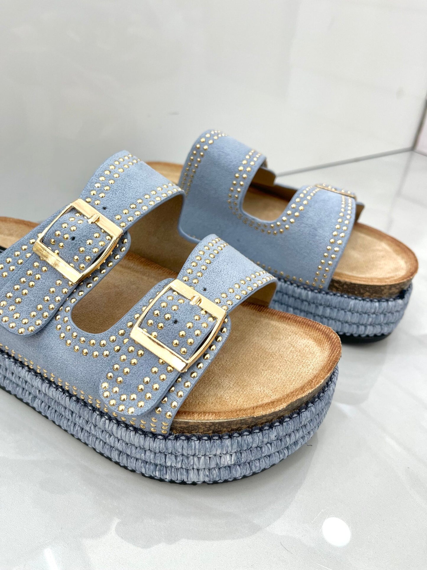 Flatform Παντόφλα με Ψάθα και Ζωνάκια Vol.2 Blue
