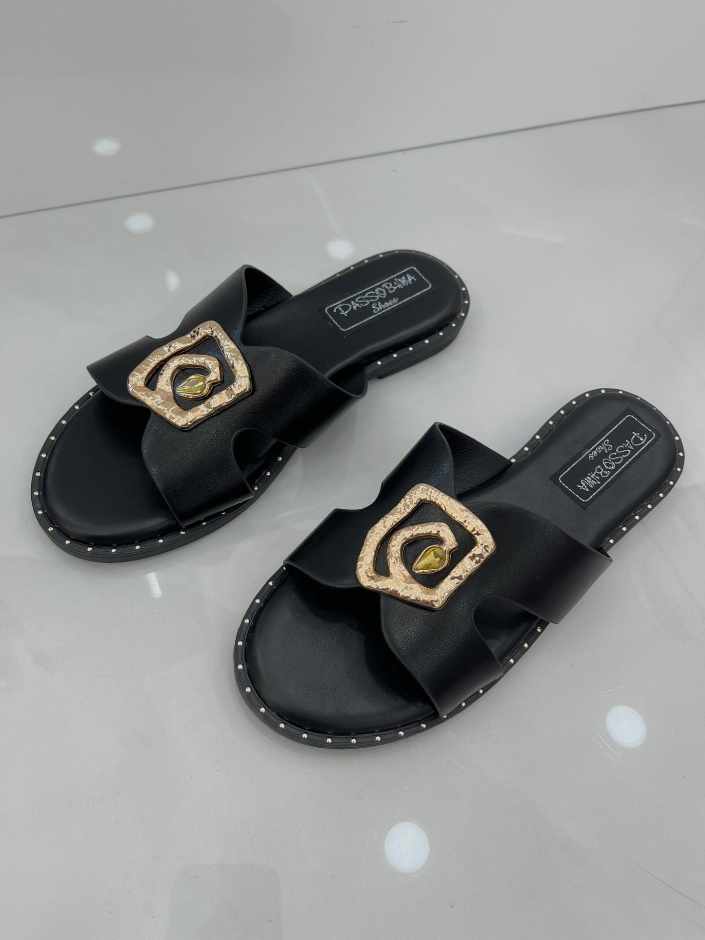 Flat Παντοφλάκια με Χρυσό Σχέδιο Black