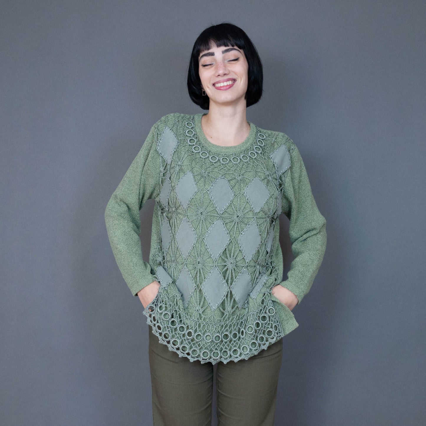 VIN-KNIT-20731 Vintage πλεκτή μπλούζα πράσινο M-L