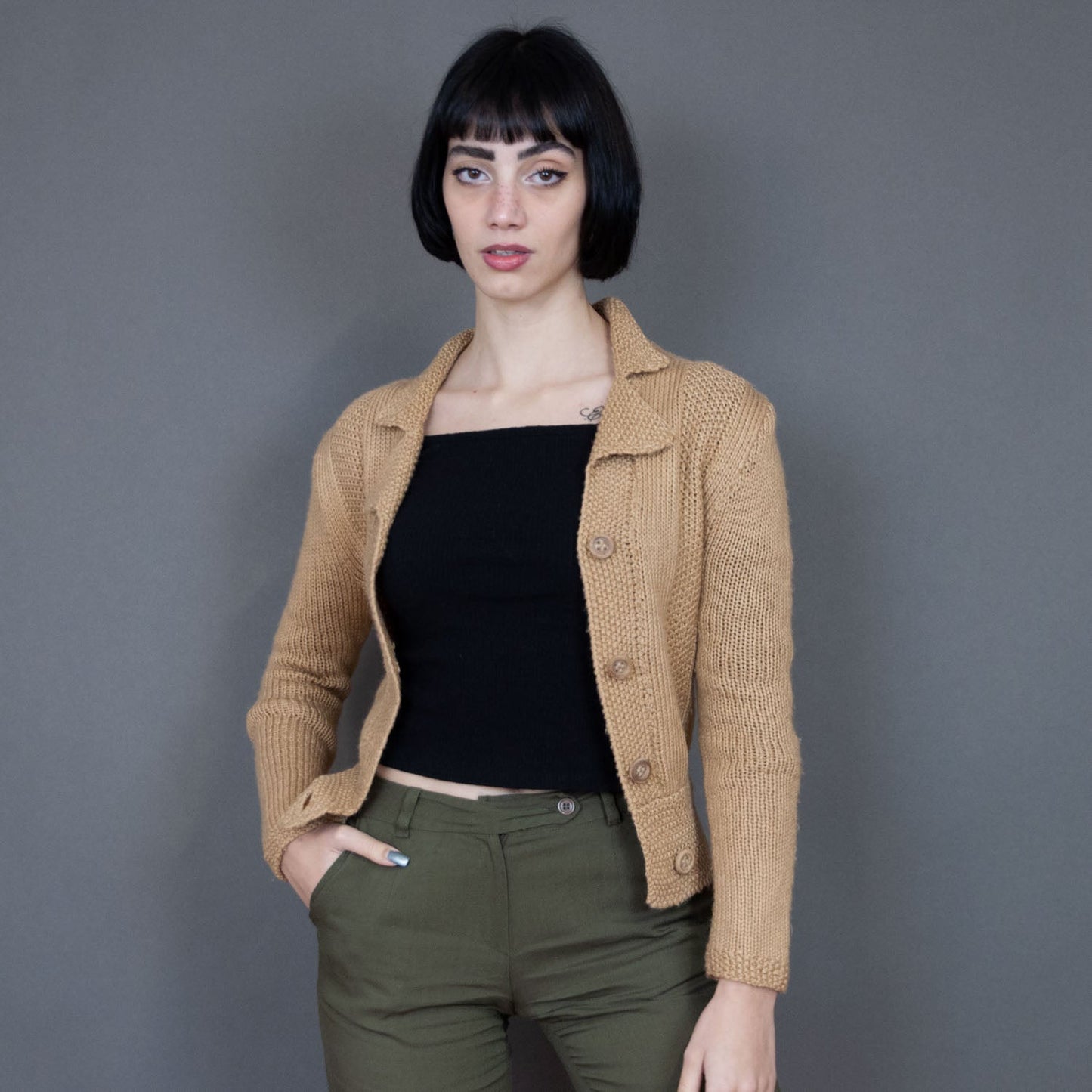 VIN-KNIT-20735 Vintage πλεκτή ζακέτα μπεζ XS-S