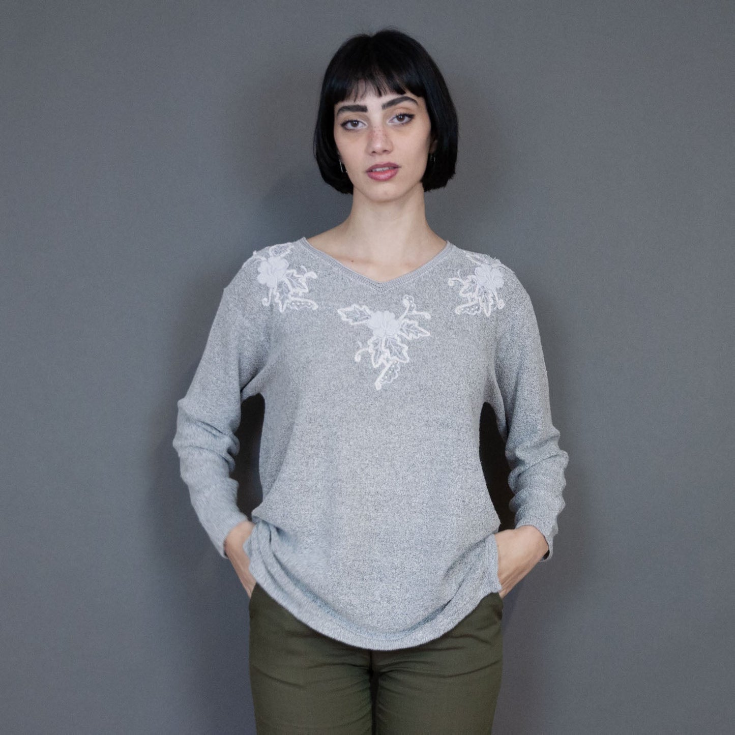 VIN-KNIT-20740 Vintage πλεκτή μπλούζα γκρι M-L