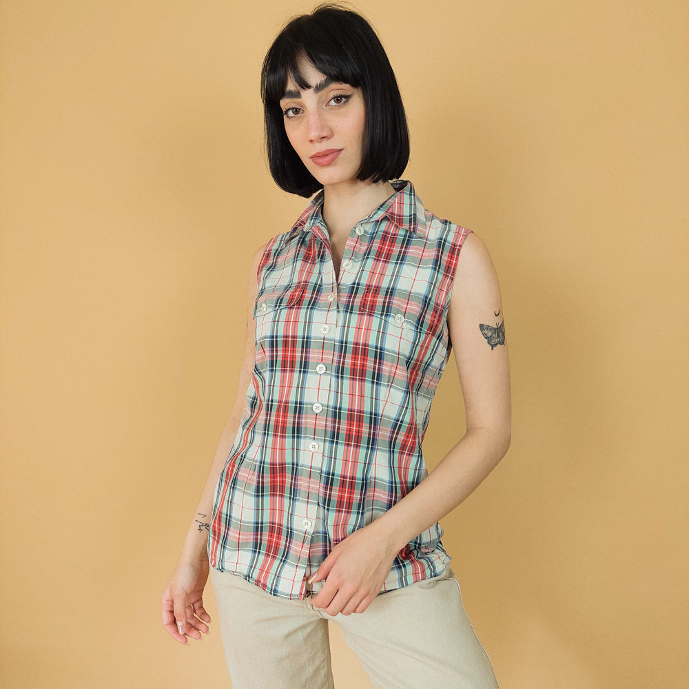 VIN-BLO-27505 Vintage τοπ αμάνικο μεταξωτό καρό M