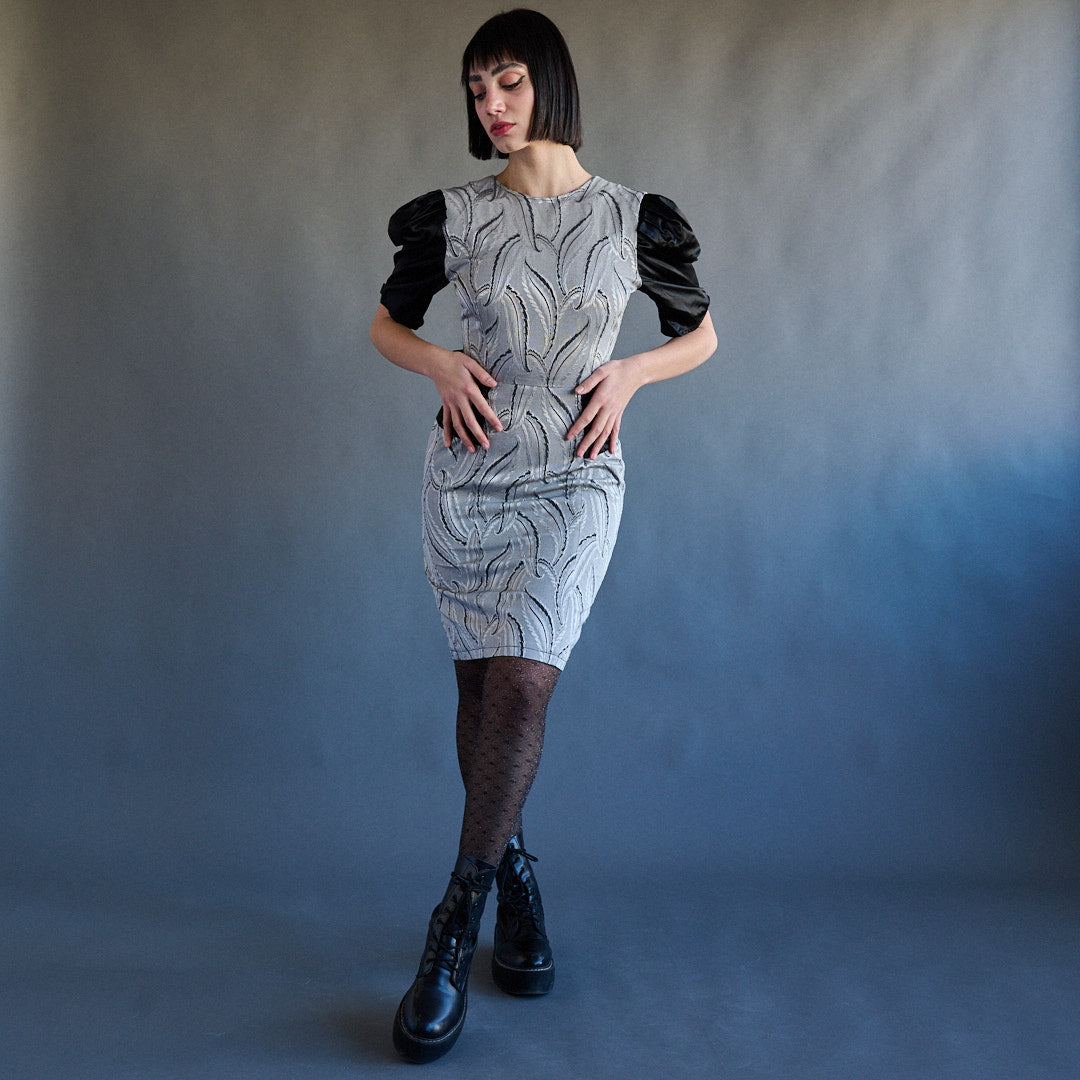 VIN-DR-11903 Vintage 80's party dress γκρι μαύρο φιόγκοι XS