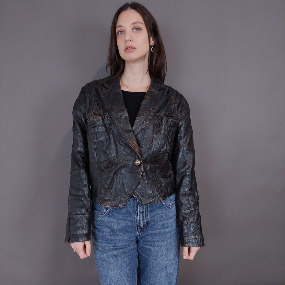 VIN-OUTW-33341 Vintage δερμάτινο jacket φθαρμένο στυλ S-M