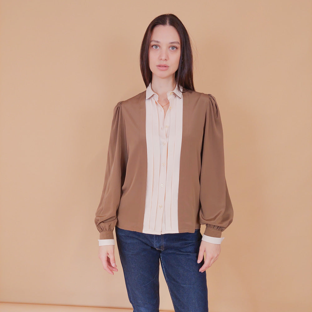 VIN-BLO-32547 Vintage πουκάμισο καφέ ροζ S-M