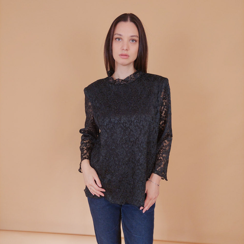 VIN-BLO-32557 Vintage τοπ δαντέλα μαύρο L