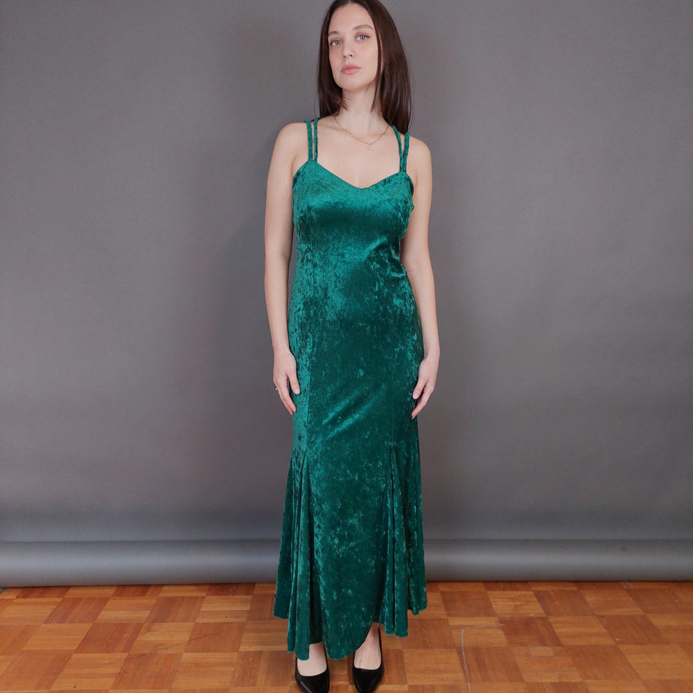 VIN-DR-33285 Vintage φόρεμα μάξι βελουτέ σμαραγδί M-L