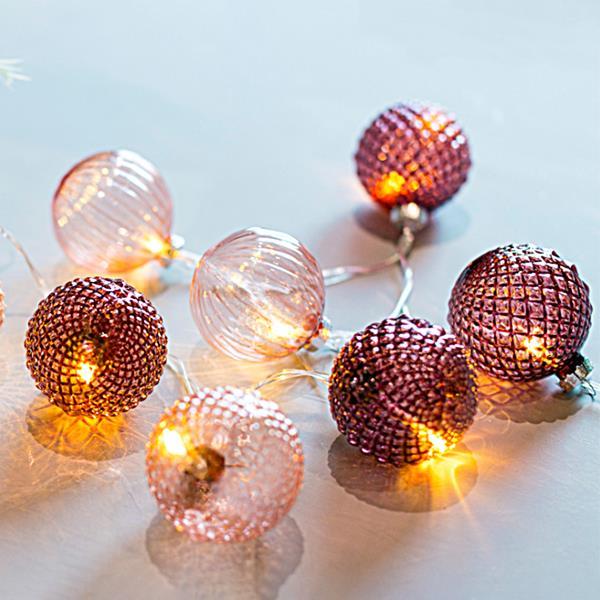 Σειρά 10Led 5mm, Μπαταρίας, με Ροζ Γυάλινες Μπάλες 6εκ., Διάφανο Καλώδιο, Θερμό Λευκό ανα 15εκ. Προέκταση Παροχής 50εκ.