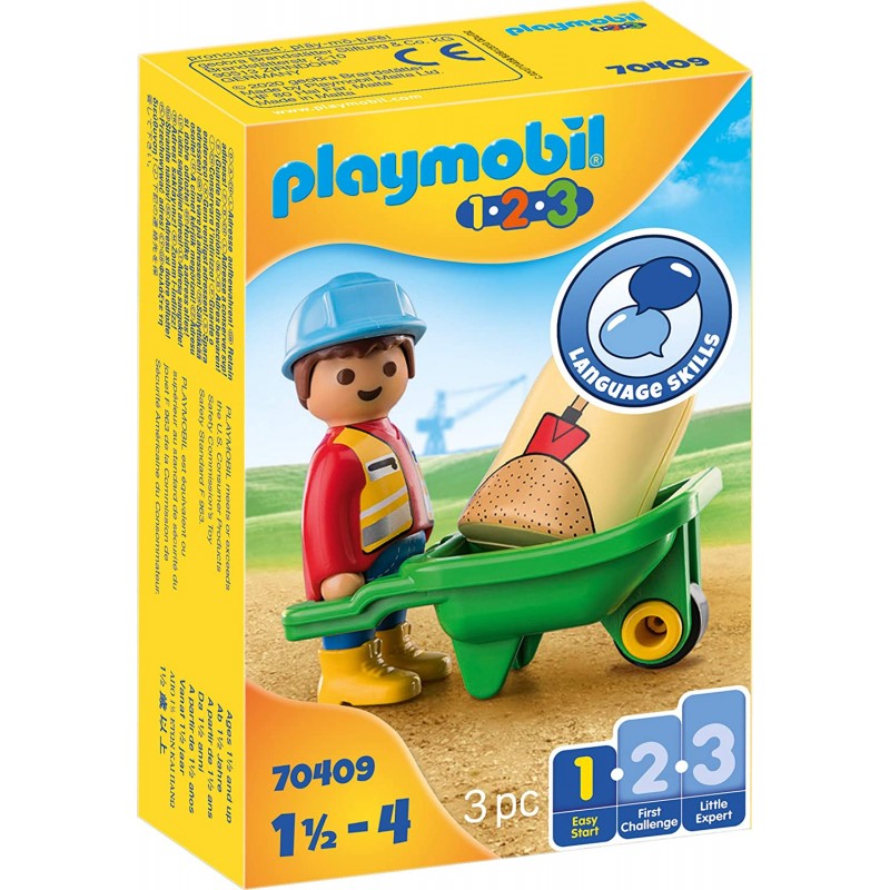 Playmobil 1.2.3 Εργάτης Οικοδομών Με Καρότσι 70409