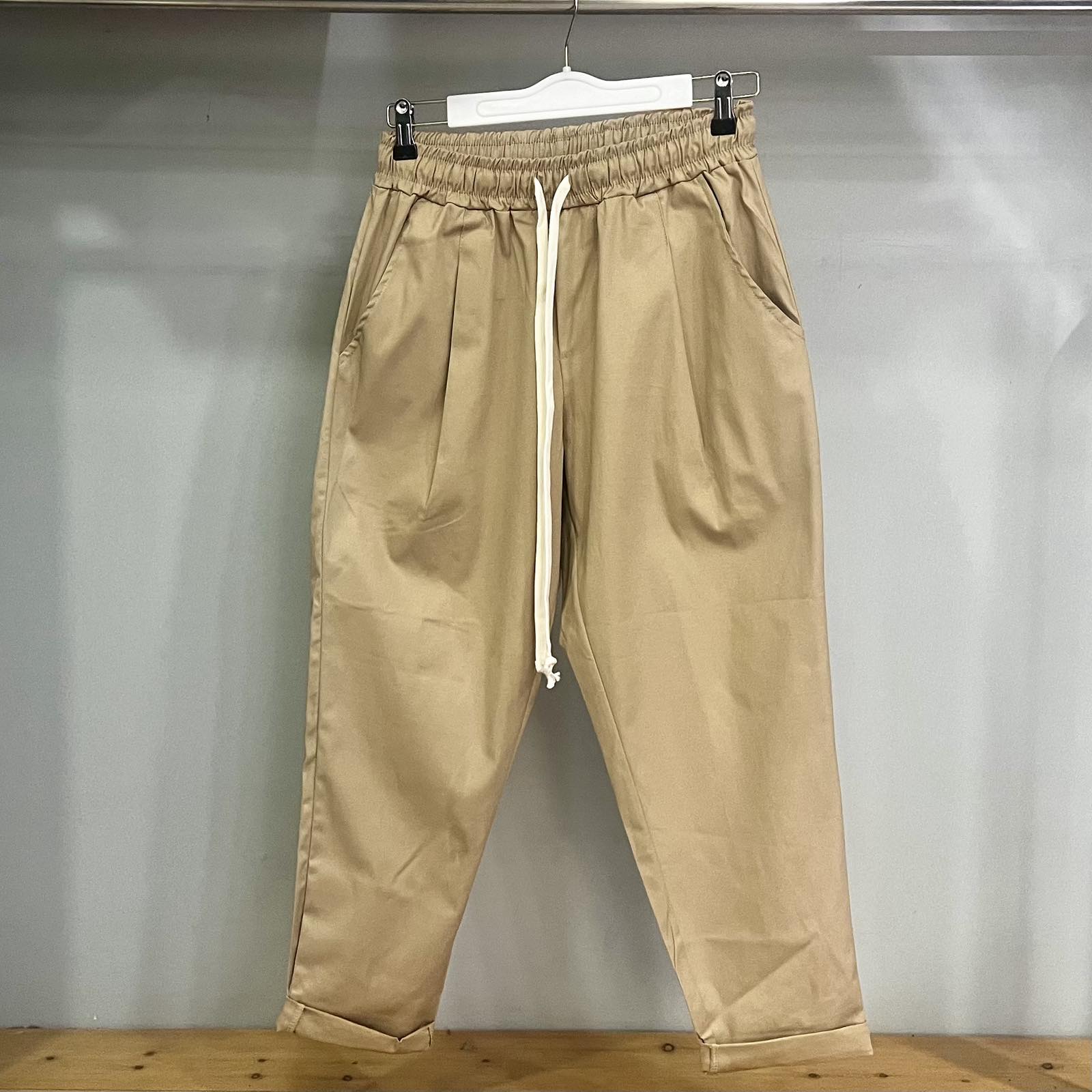 Ιταλικό Μπεζ Παντελόνι Χαλαρής Γραμμής με Ελαστική Μέση και Ρυθμιζόμενο Κορδόνι | SKU
