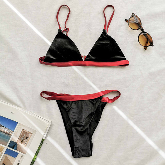 SWI-069 Μαγιό μπικίνι τριγωνάκι βελουτέ μαύρο με μπορντό λάστιχο