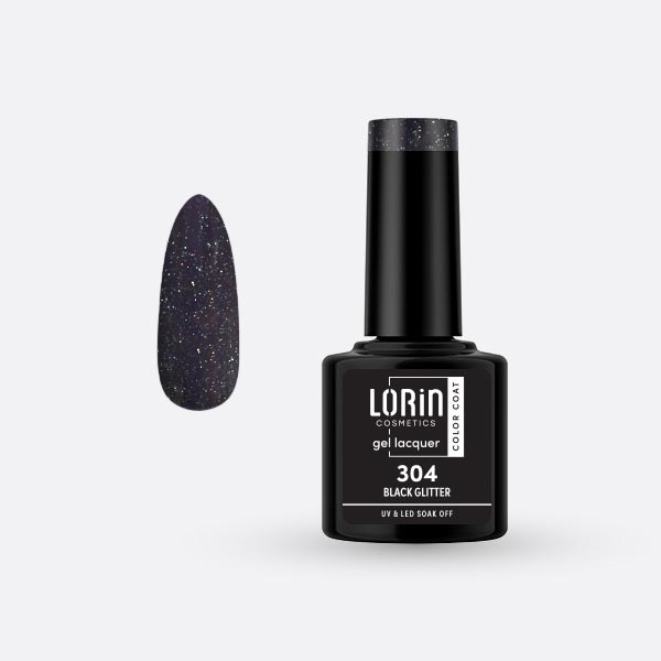 Lorin Gel Lacquer Ημιμόνιμο Βερνίκι 8ml. #304 (Black Glitter)
