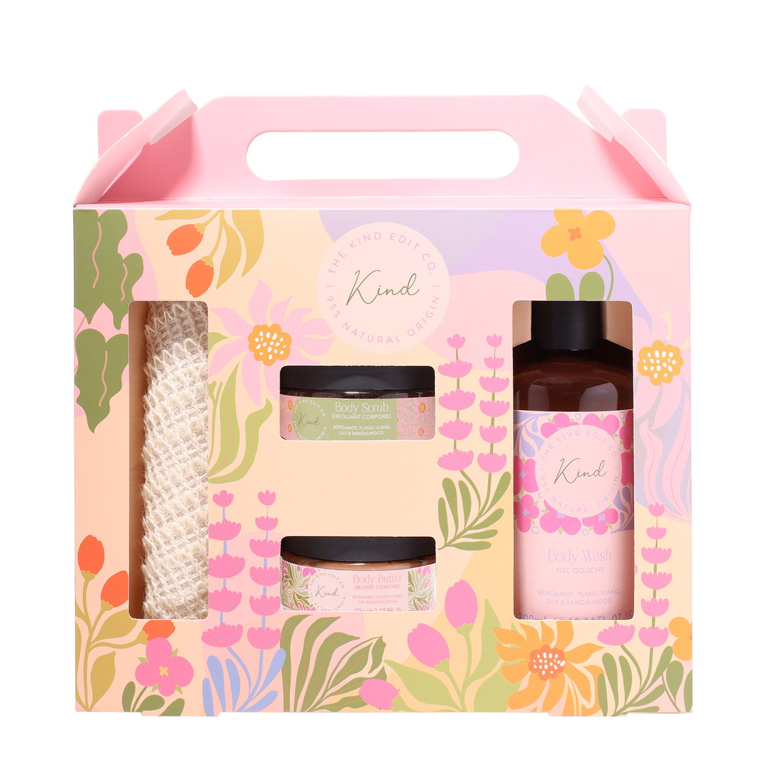 The Kind Edit Co. | Kind | Bergamot, Ylang-Ylang, Lily & Sandalwood | Deep Clean Gift Set – Body Wash 300ml, Body Scrub 100g, Body Butter 90g & Exfoliating Mitt | Vegan & PETA-Approved | SU32011