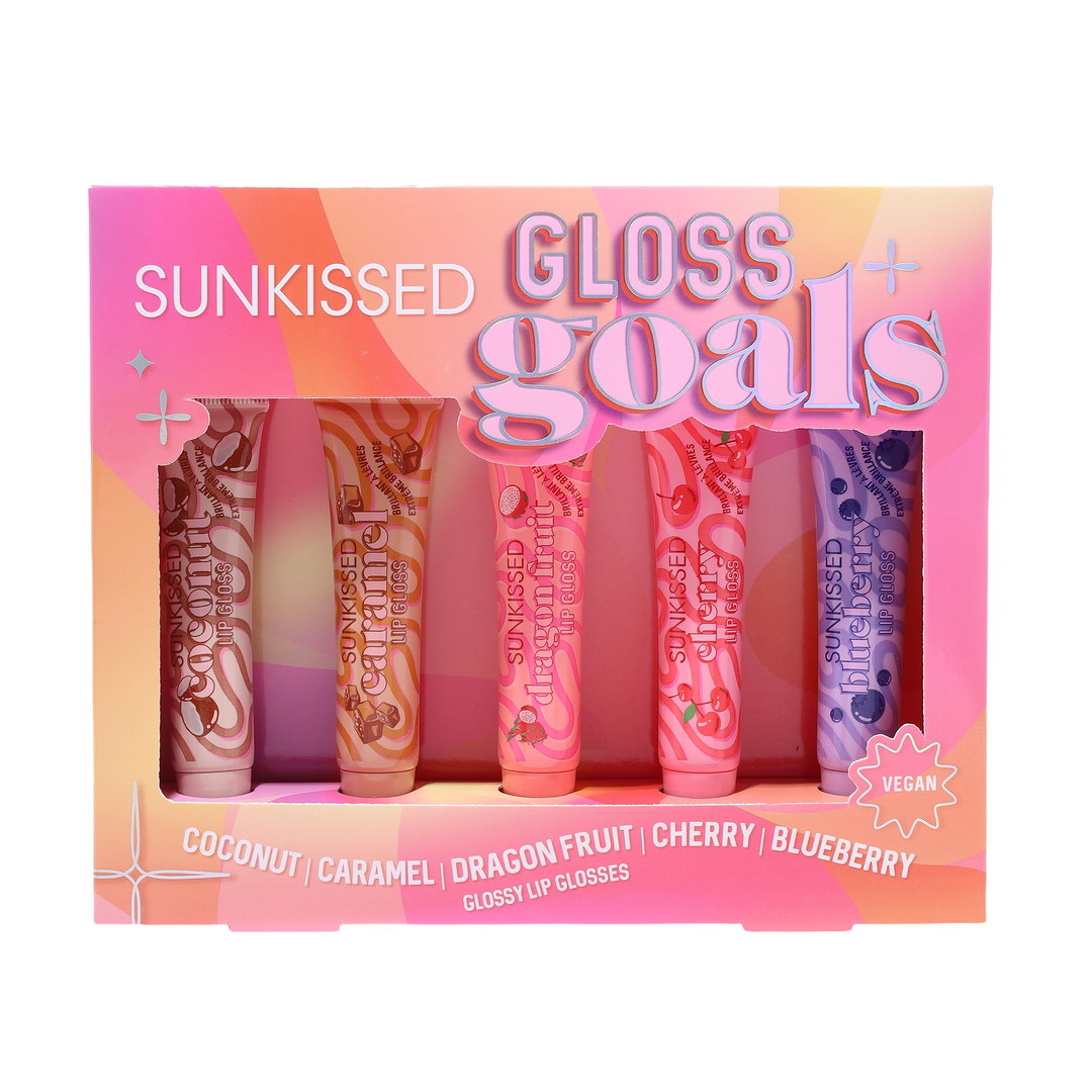 Sunkissed | Gloss Goals | Vanilla, Fudge, Watermelon, Cherry & Blueberry | Lip Gloss Gift Set 5 x 14ml | High-Shine Vegan Formula | SU32532