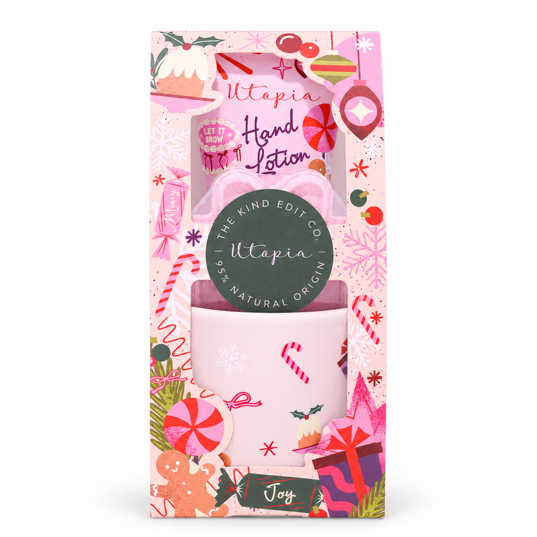 The Kind Edit Co. | Utopia | Pink Peppercorn | Merry & Bright Mug Gift Set – Hand Lotion 70ml, Bath Fizzer 50g & Mug | Vegan & PETA-Approved | SU32539