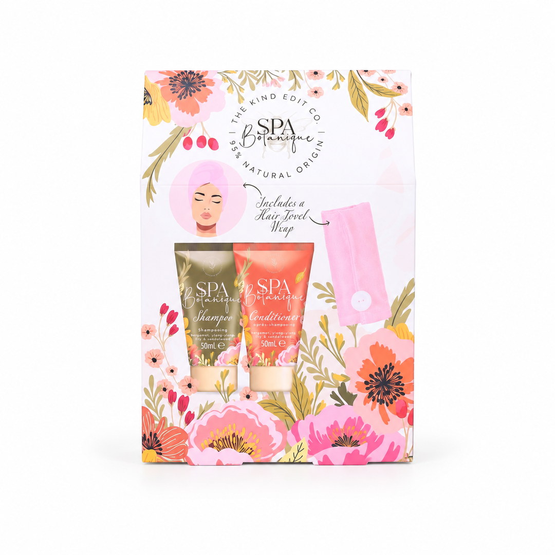 The Kind Edit Co. | Spa Botanique | Bergamot, Ylang-Ylang, Lily & Sandalwood | Shower Pamper Set 100ml | Shampoo, Conditioner & Hair Turban | SU32548