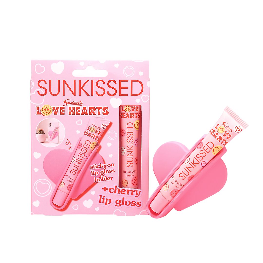 Sunkissed x Love Hearts | Cherry | Lip Gloss 15ml & Heart Lip Gloss Holder | Glossy Hydration & Cute Accessory | SU32568