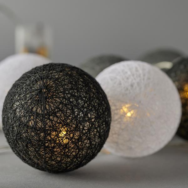 10 Led Σειρά 5mm, με Χρυσές Υφασμάτινες Μπάλες 6εκ. Λευκό Γκρι, Μπαταρίας 2xΑΑ, Timer, Διάφανο PVC Καλώδιο, 10 Θερμά Λευκά Led ανα 10εκ., Προέκταση Παροχής 30εκ., IP20