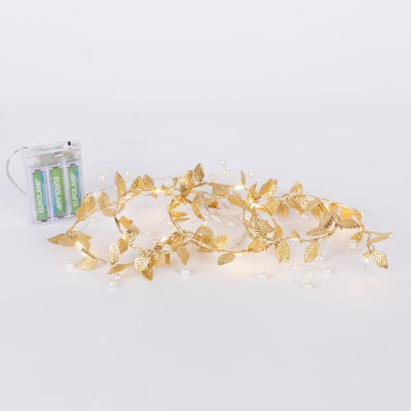 15 Mini Led Σειρά με Διακοσμητικά Φύλλα και Πέρλες, Μπαταρίας 3xΑΑ, Timer, Χάλκινο Καλώδιο, Θερμά Λευκά Led, Προέκταση Παροχής 30εκ., IP20