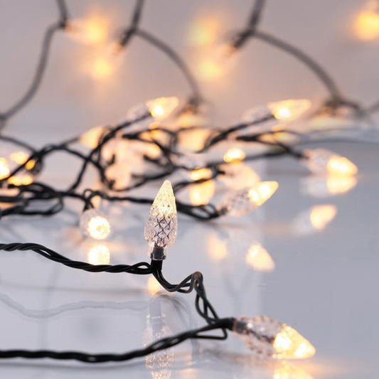 100 Led Σειρά 5mm με Διάφανα Διαμαντάκια, 31V, Μετασχηματιστή, Σταθερό, Πράσινο PVC Καλώδιο, Θερμό Λευκό Led ανα 10εκ. Προέκταση Παροχής 300cm, IP44