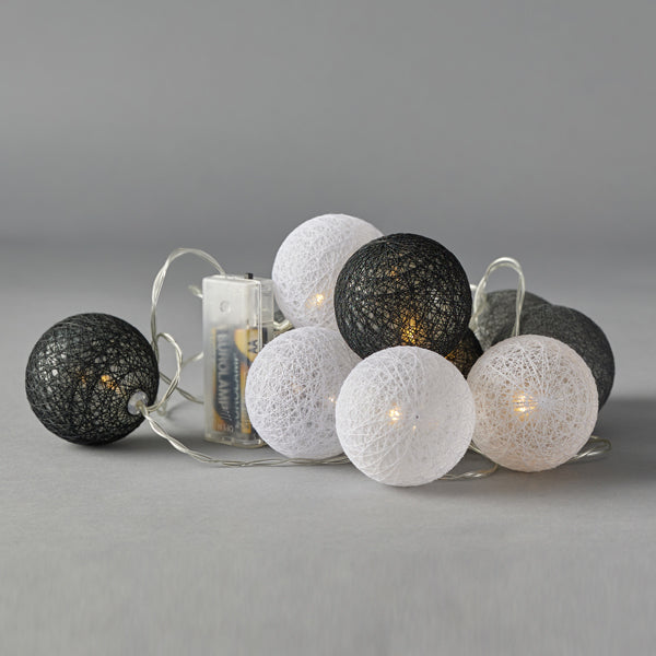 10 Led Σειρά 5mm, με Χρυσές Υφασμάτινες Μπάλες 6εκ. Λευκό Γκρι, Μπαταρίας 2xΑΑ, Timer, Διάφανο PVC Καλώδιο, 10 Θερμά Λευκά Led ανα 10εκ., Προέκταση Παροχής 30εκ., IP20