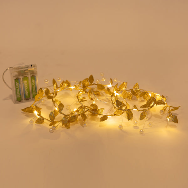 15 Mini Led Σειρά με Διακοσμητικά Φύλλα και Πέρλες, Μπαταρίας 3xΑΑ, Timer, Χάλκινο Καλώδιο, Θερμά Λευκά Led, Προέκταση Παροχής 30εκ., IP20