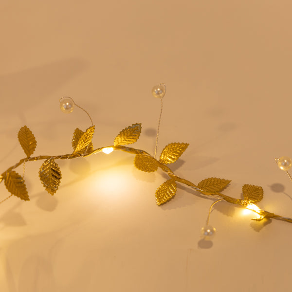 15 Mini Led Σειρά με Διακοσμητικά Φύλλα και Πέρλες, Μπαταρίας 3xΑΑ, Timer, Χάλκινο Καλώδιο, Θερμά Λευκά Led, Προέκταση Παροχής 30εκ., IP20
