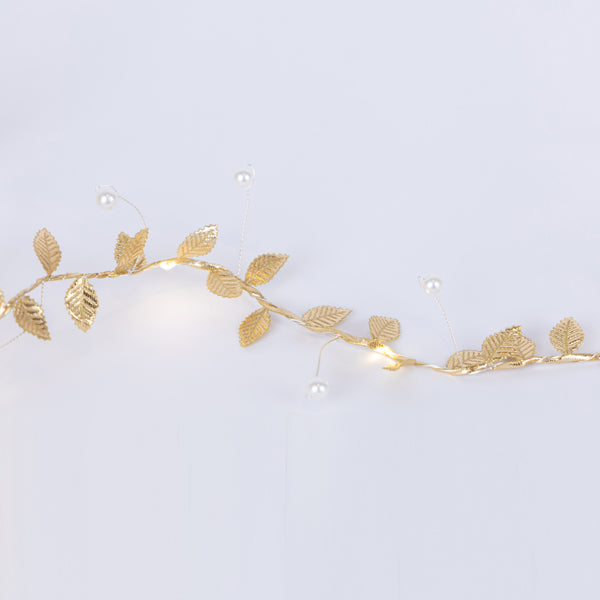 15 Mini Led Σειρά με Διακοσμητικά Φύλλα και Πέρλες, Μπαταρίας 3xΑΑ, Timer, Χάλκινο Καλώδιο, Θερμά Λευκά Led, Προέκταση Παροχής 30εκ., IP20