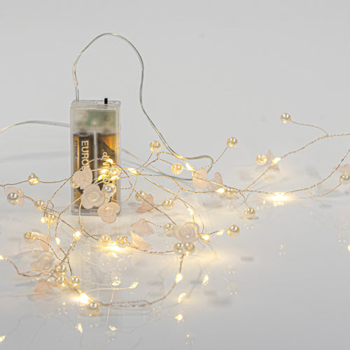 20 Mini Led, Σειρά, με Ακρυλικά Λουλούδια και Πέρλες, Μπαταρίας 2xAA, Timer, Ασημί Χάλκινο Καλώδιο , Θερμό Λευκό Led ανα 7.5εκ., Προέκταση Παροχής 50εκ., IP20