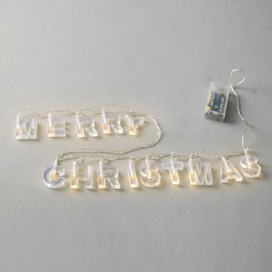 14 Led Σειρά 5mm, "Merry Christmas" Διάφανα Γράμματα, Μπαταρίας 2xΑΑ, Timer, Διάφανο PVC Καλώδιο, Θερμά Λευκά Led ανα 8εκ., Προέκταση Παροχής 30εκ., IP20