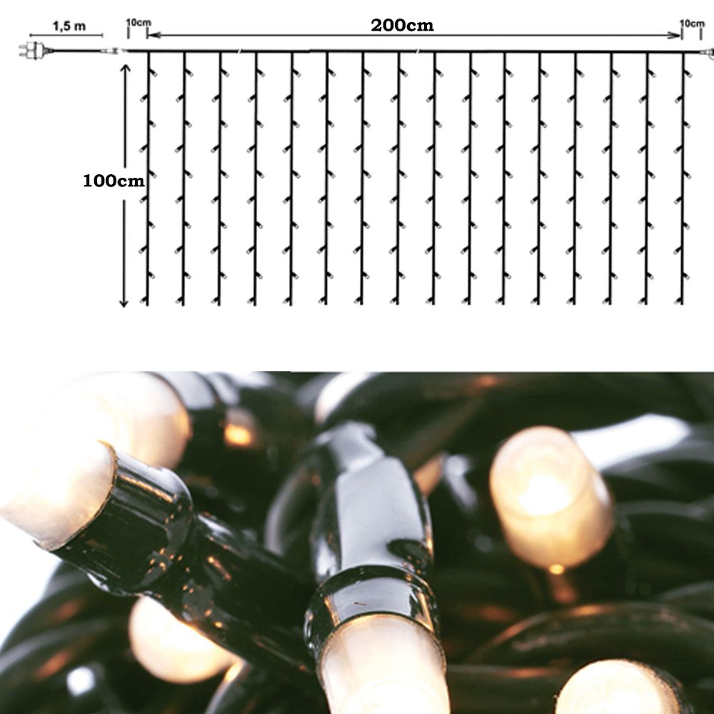 200 Led Κουρτίνα Πράσινο/Ζεστό Επεκτεινόμενη Σταθερή 2x1μ. Εσωτ./Εξωτ. Χώρου