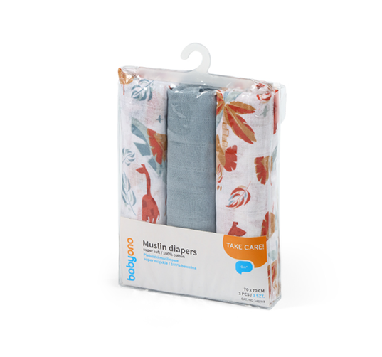 BabyOno Βαμβακερές πάνες αγκαλιάς - μουσελίνες 70x70 cm blue/grey (Σετ 3 τμχ) BN348/07