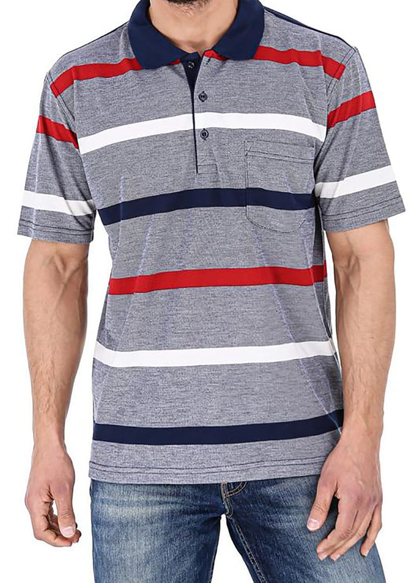 Polo μπλουζάκι piqué  100%βαμβάκι,ριγέ Γκρι-Λευκό-Μπλε-κόκκινο ,τσέπη