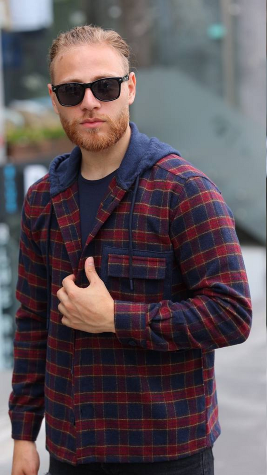 Sport πουκάμισο με κουκούλα Blue Red 100% wool