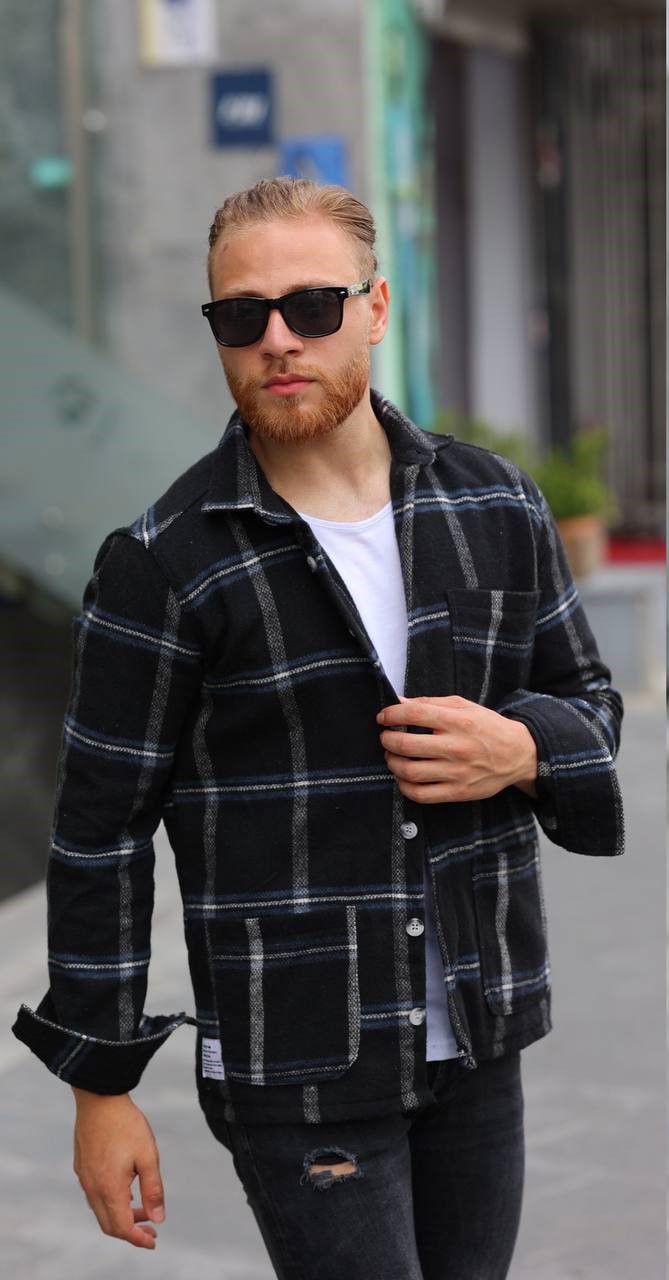 Overshirt Μαύρο άσπρο με 3 τσέπες μπροστά 100% Wool