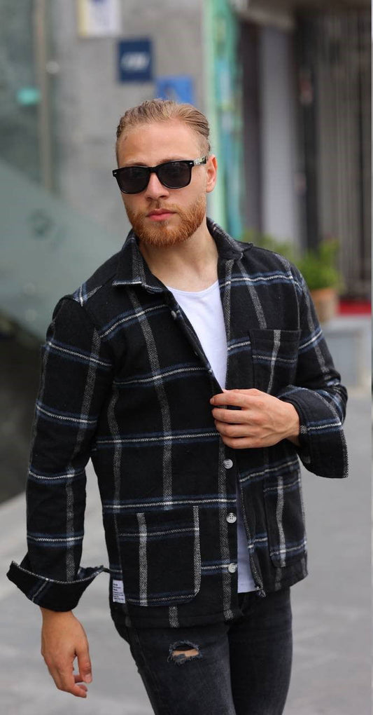 Overshirt Μαύρο άσπρο με 3 τσέπες μπροστά 100% Wool