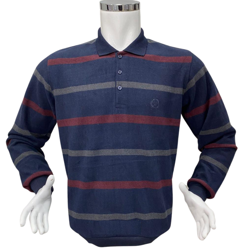 Μπλούζα Polo Μπλε με κόκκινες και Γκρι  ρίγες 100% cotton