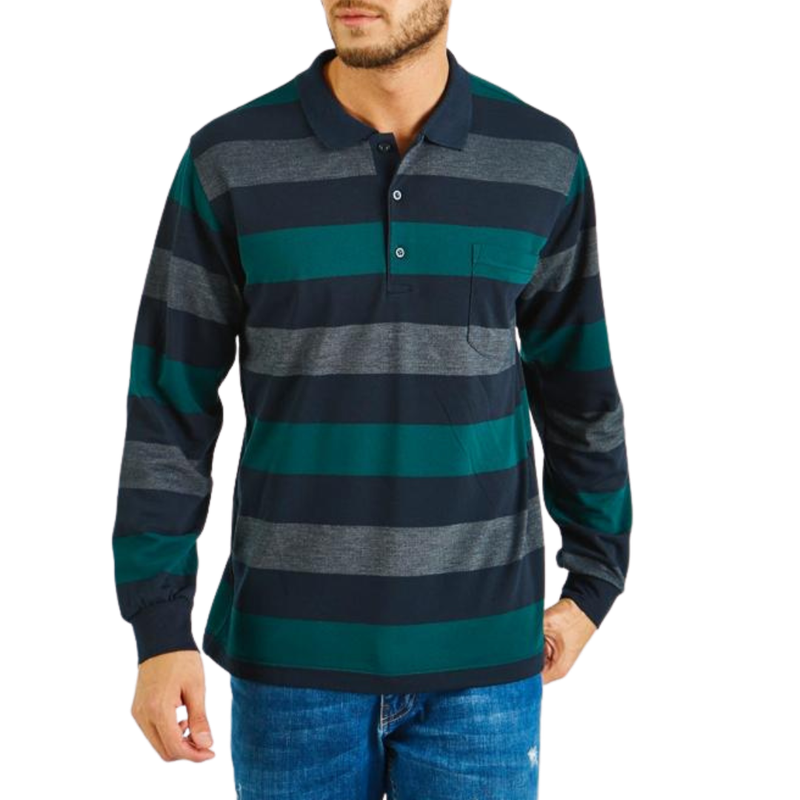 Μακρυμάνικο polo pique blue green grey με τσέπη 100 cotton