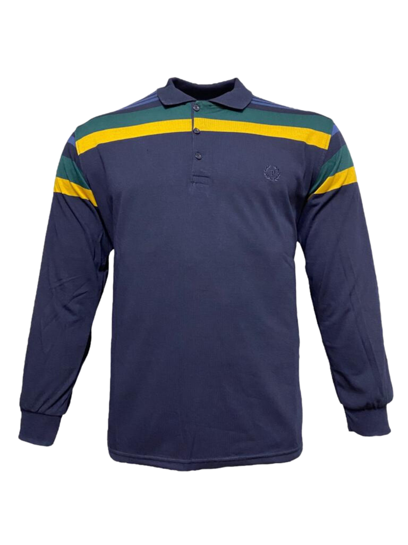 Μπλούζα polo Jersey Μακρύ μανίκι Blue με κίτρινη και πράσινη ρίγα σε regular εφαρμογή