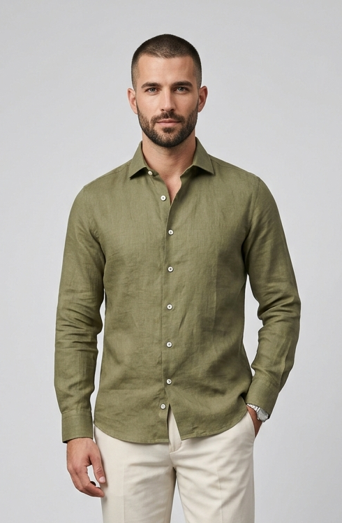 Ανδρικό Λινό Πουκάμισο Regular Fit  Λαδί| Made in Italy