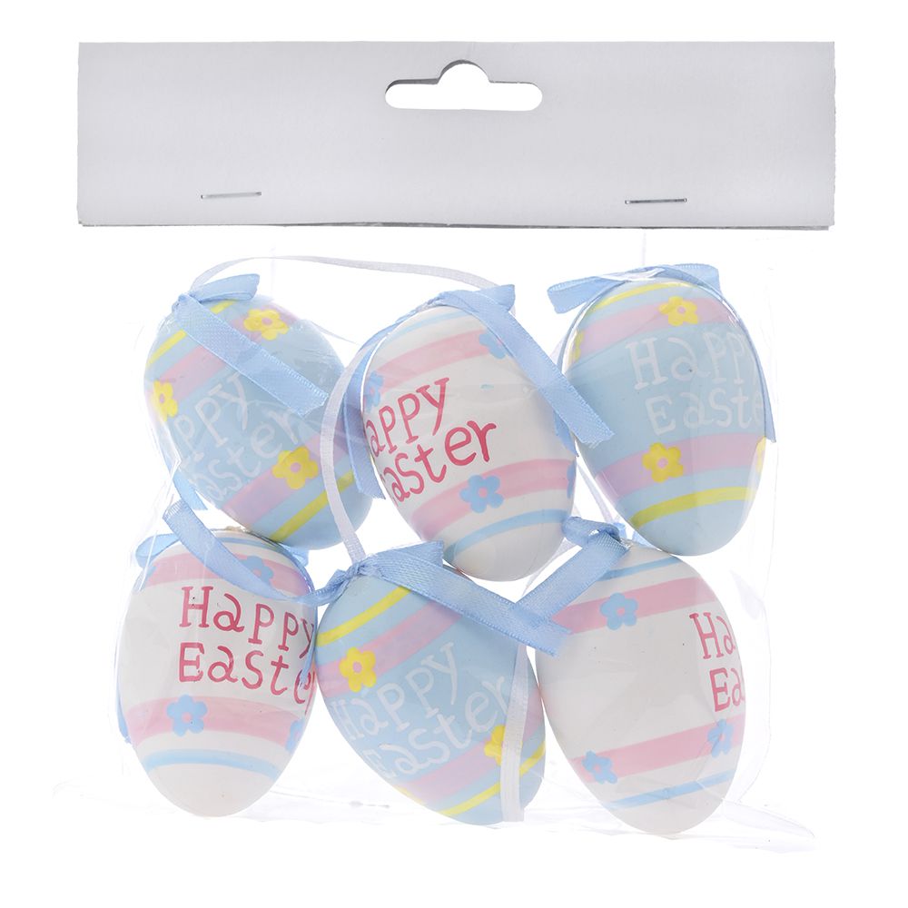 Γαλάζια/Λευκά Πλαστικά Αυγά Happy Easter 6εκ. Σετ 6 Τμχ.