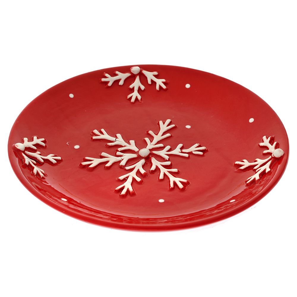 Κόκκινο Κεραμικό Πιάτο με Λευκές Χιονονιφάδες 20x20x2εκ.