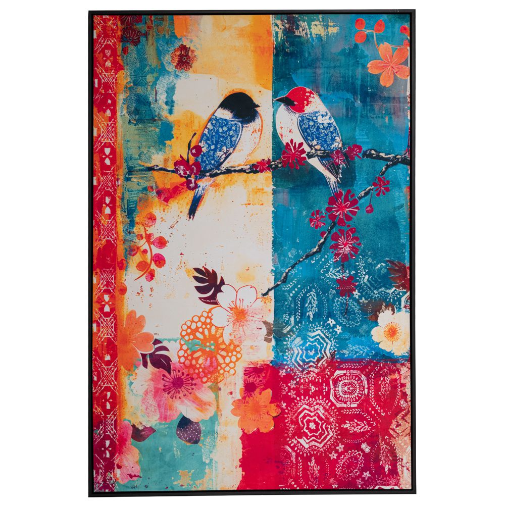 Colorful Birds Ελαιογραφία σε Τυπωμένο Βελουτέ Καμβά με Μαύρη Κορνίζα 83x123εκ.