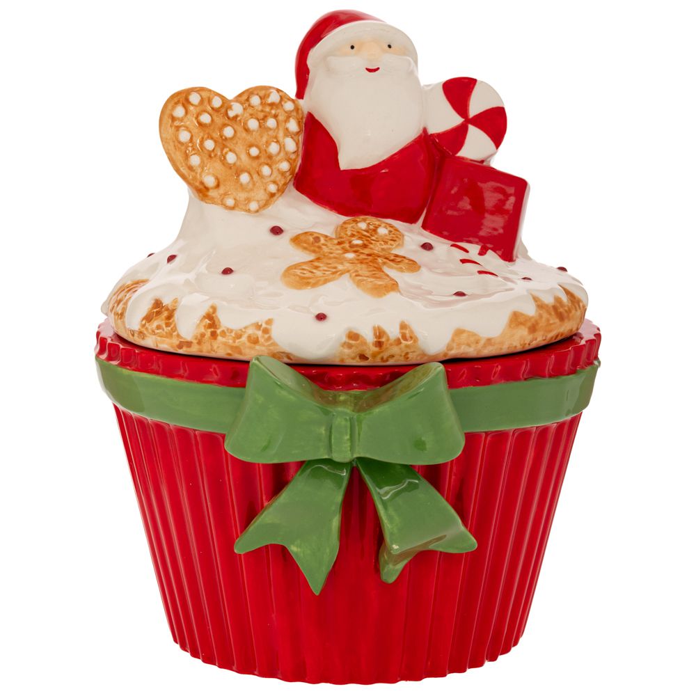 Πολύχρωμη Κεραμική Μπισκοτιέρα σε Σχήμα Cupcake με Άγιο Βασίλη 18x16x20εκ.
