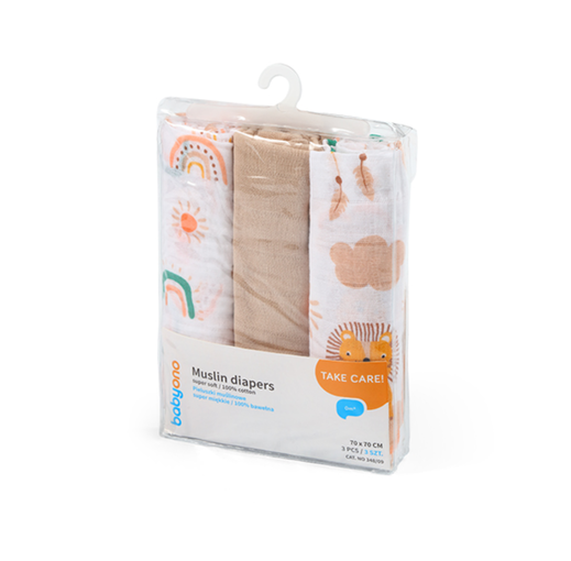 BabyOno Βαμβακερές πάνες αγκαλιάς - μουσελίνες 70x70 cm Rainbow (Σετ 3 τμχ) BN348/08