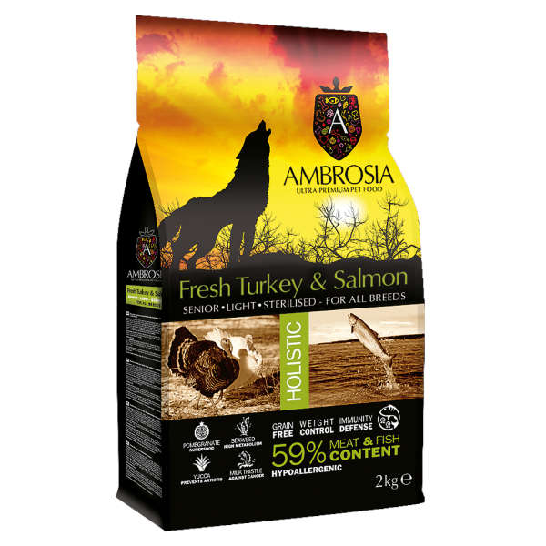 Ambrosia Grain Free Senior Light Sterilized Turkey & Salmon (Γαλοπούλα & Σολομός) 2Kg + Δώρο Λιχουδιές